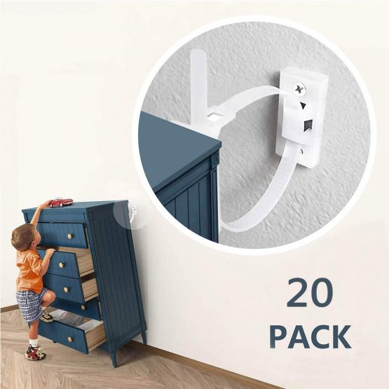 Furniture Straps (20packs), Baby Proofing Anti-Tip Furniture Anchor Straps kit, Falling Furniture Prevention Device, Safety Furniture Wall Anchors for Baby Proofing & Pet Protecting,White
