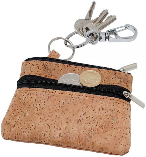 Boshiho Coin Purse Zipper Vegan Cork Coin Pouch Petty Change Holder with Key Ring (Tan)(Size: 4.3 x 3.3 x 0.2 inch)