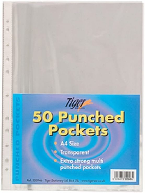 Tiger A4 strong transparent poly punched pockets x 50 sleeves/wallets