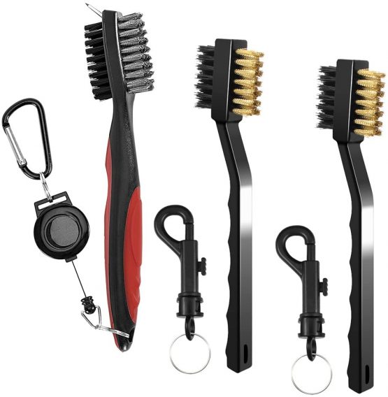 SENHAI 3 Pieces Golf Club Brushes Groove Cleaners, Metal and PP Bristles Spike Cleaning Tool, with 2 Ft Retractable Zip-line Aluminum Carabiner, Easily Attach to Golf Bag