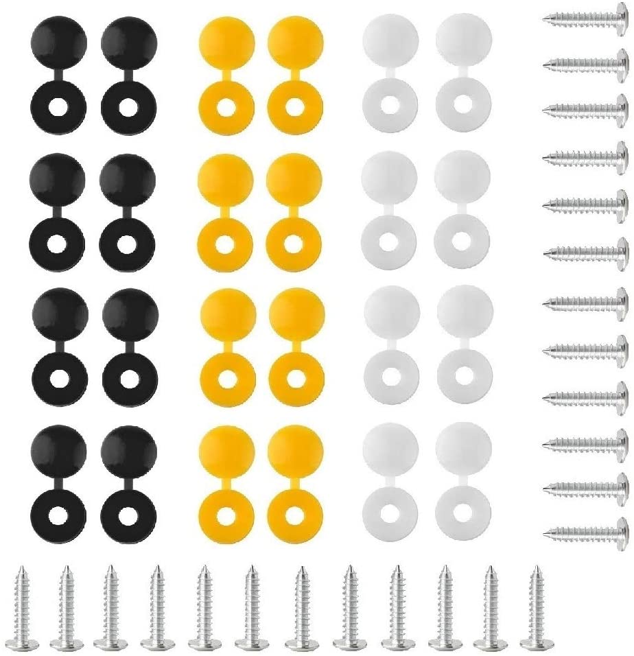 BEK-FIX 48 Piece Screws and Caps Number Plate Fixing Fitting Kit, White Yellow & Black Caps