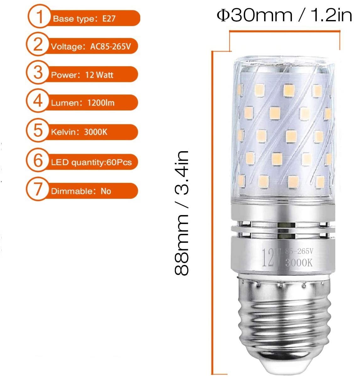 HZSANUE E27 LED Corn Bulbs 12W, 3000K Warm White, 1350LM, Edison Screw Bulbs,100W Incandescent Bulbs Equivalent,Pack of 4 - Image 2