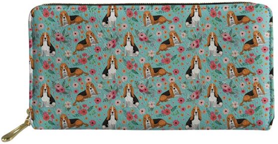 HUGS IDEA Basset Hound Flower Women's Pu Leather Wallet Travel Purse Card Holder Clutch for Girls Gift