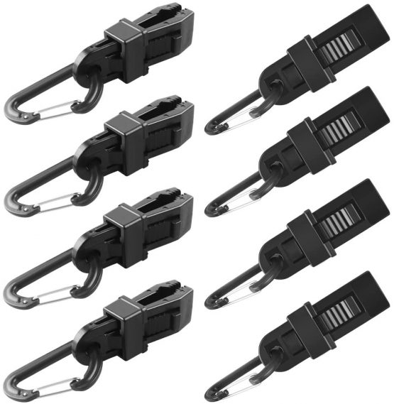 8PCS Large Tarp Clips Lock Awning Clamp Tent D-Shape Plastic Clip Windproof Awning Clamp Grip with D-Shaped Carabiner Hanging Hook for Outdoor Activities Black