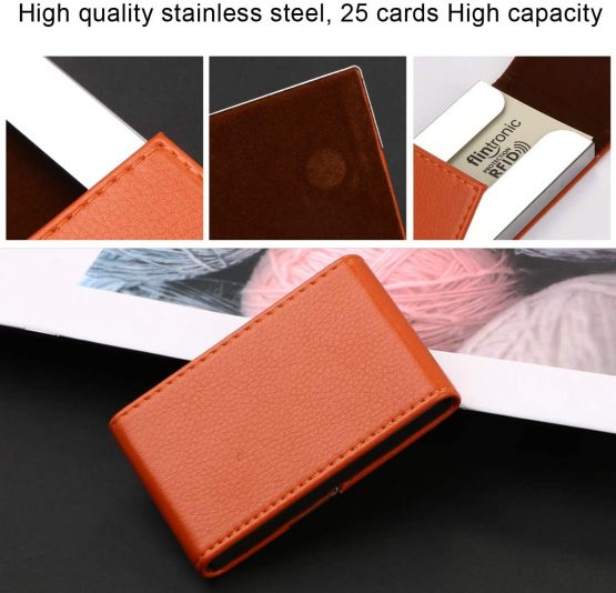 flintronic Business Card Holder | PU Leather Credit Card Holder, Slim Stainless Steel ID Case for Men/Women | Double Open Magnetic Buckle Keep Your Business Name Cards Clean (Orange) - Image 4