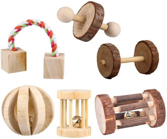 CCCYMM 6 Pcs Pet Natural Wooden Chew Toys Dumbells Exercise Bell Molar Toy for Parrot, Rabbit, Chinchilla, Guinea Pig, Hamster Small Animals