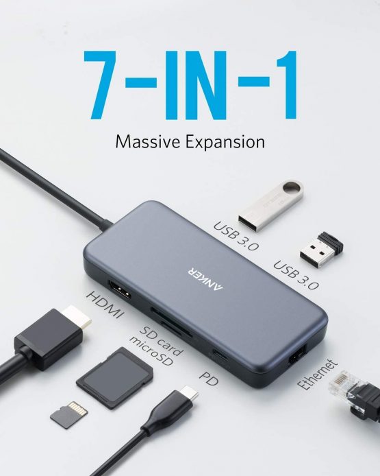 Anker USB C Hub, PowerExpand+ 7-in-1 USB C Adapter, with 4K HDMI, 60W Power Delivery, 1Gbps Ethernet, 2 USB 3.0 Ports and SD/microSD Card Readers, for MacBook Pro 2019/2018/2017/2016, Chromebook, XPS - Image 2