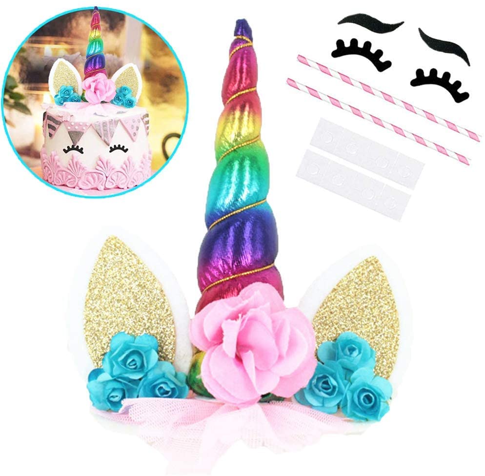 OWill Unicorn Cake Topper with Eyelashes Party Cake Decoration Supplies for Birthday Party Wedding Baby Shower 5.8 inch (Green Flower Multicolour Horn)