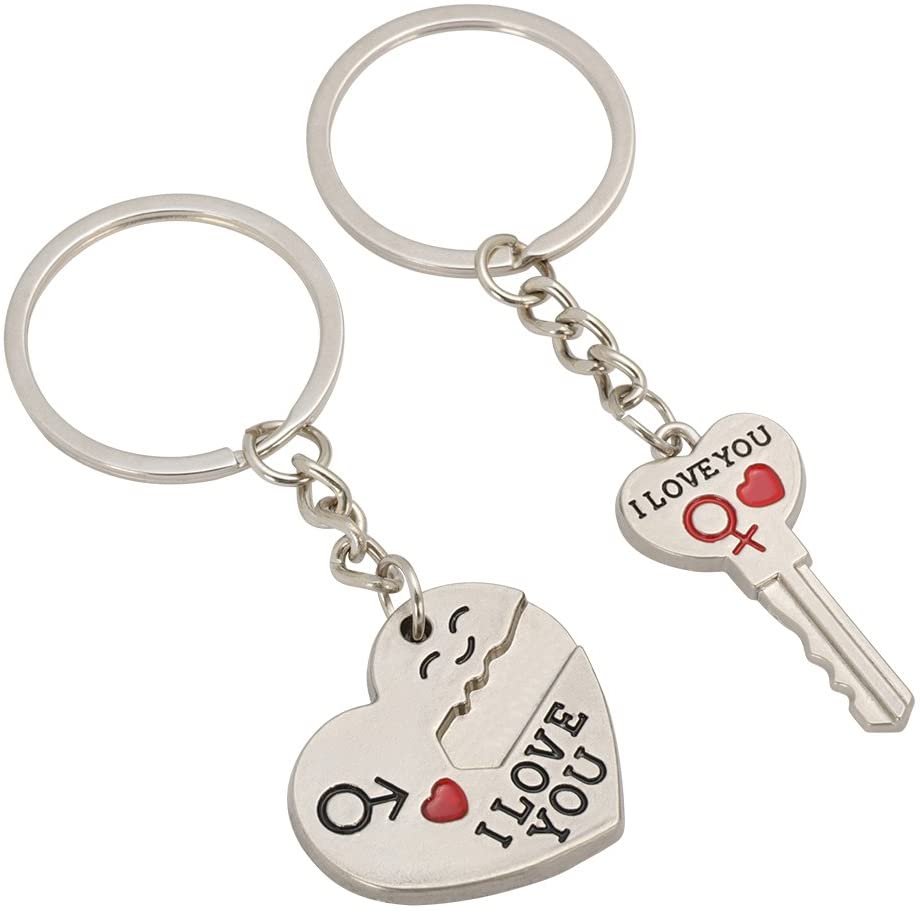 TRIXES Valentines Keyrings Pair, I Love You Heart & Key Chain Ring, Couples Keychains