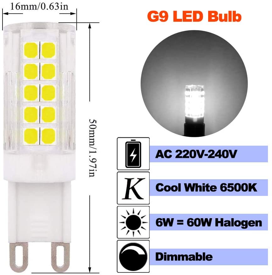 ZHENMING G9 Dimmable LED Bulb 6W White 6500K 60W Halogen Light Bulb Replacement, 220V - 240V, 5-Pack, Cool White, 5 Count (Pack of 1) - Image 2