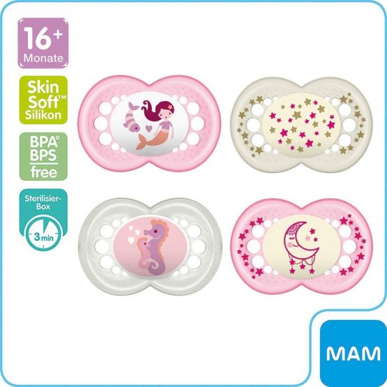 MAM Day & Night Silicone Dummy 16+, Set of 4, Including 2 Sterilised Transport Boxes - Image 2