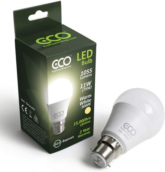 2 Pin B22 Bayonet Light Bulb, 11W ECO LED Energy Saving Light Bulb, Bright 75W Equivalent, Warm White 3000k, Long Life 15000Hrs Lifetime, Efficient A+ Low Energy Consumption, 1 x Bulb Pack - Image 2