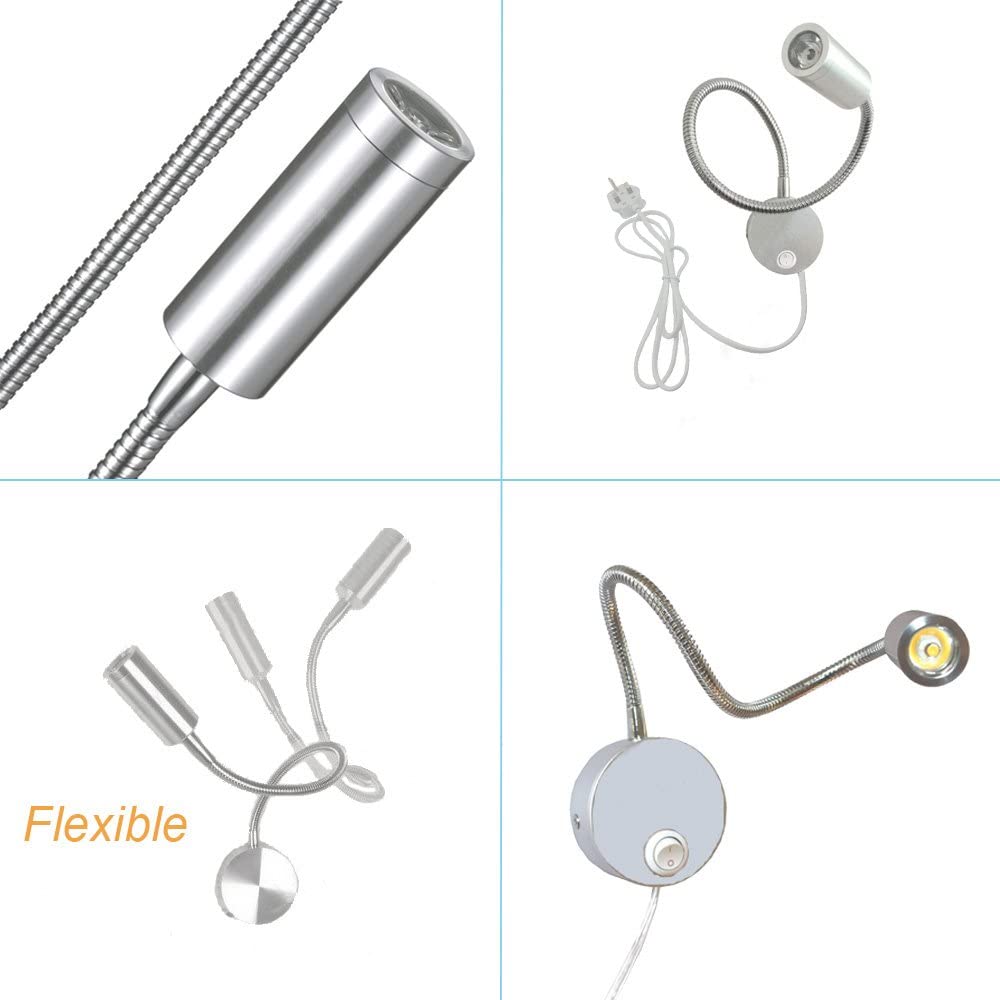 WeFoonLo 3W Wall Mounted Reading Light Flexible Gooseneck LED Sconce Lamp with Plug & Switch for Bedroom Office, Workbench - Image 4