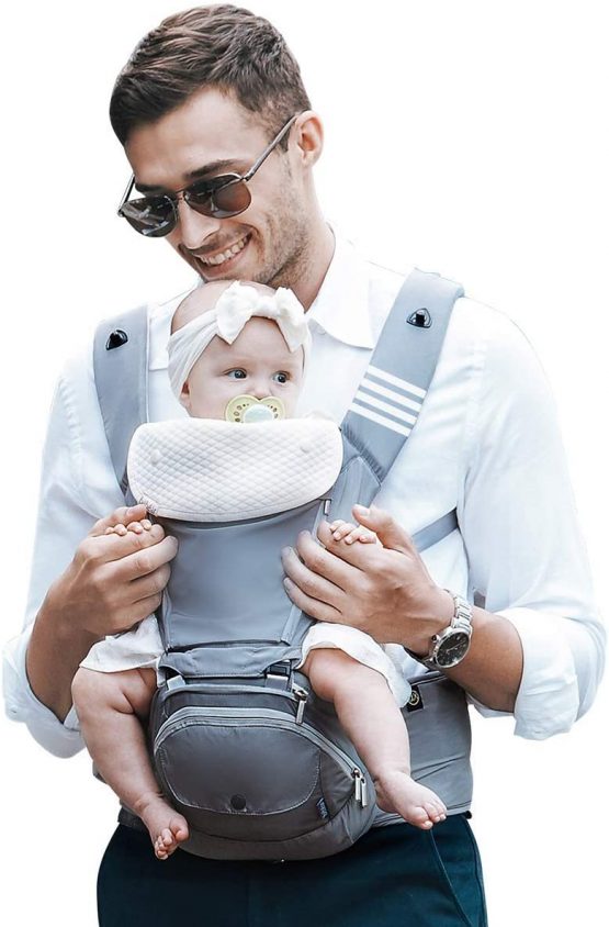 Bebamour Baby Carrier Newborn to Toddler, 6 in 1 Baby Carrier for 0-36 Months, 100% Cotton, Foldable Baby Hipseat Attached 3pcs Baby Drool Bibs (Noble Grey)