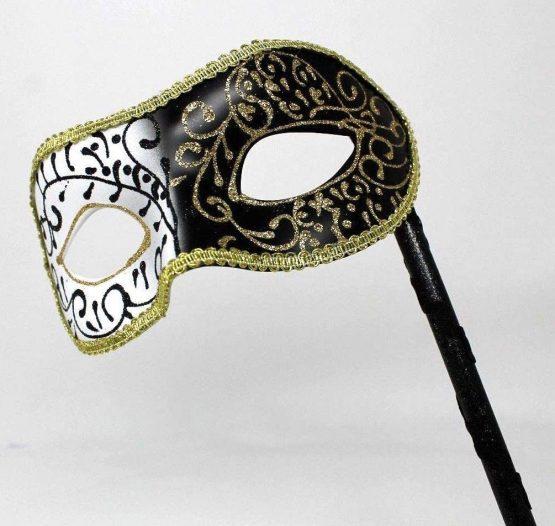 BLACK WHITE & GOLD VENETIAN MASQUERADE HALLOWEEN CARNIVAL PARTY EYE BALL MASK HAND HELD ON A STICK - Image 3