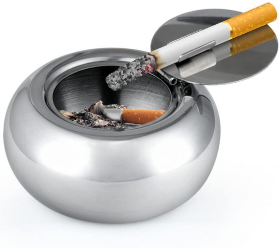 Stainless Steel Cigarette Ashtray with Lid, maxin Windproof Cigarette Ashtray Smoking Ash Holder Desktop Ash Tray for Home office Decoration- Silver. - Image 2