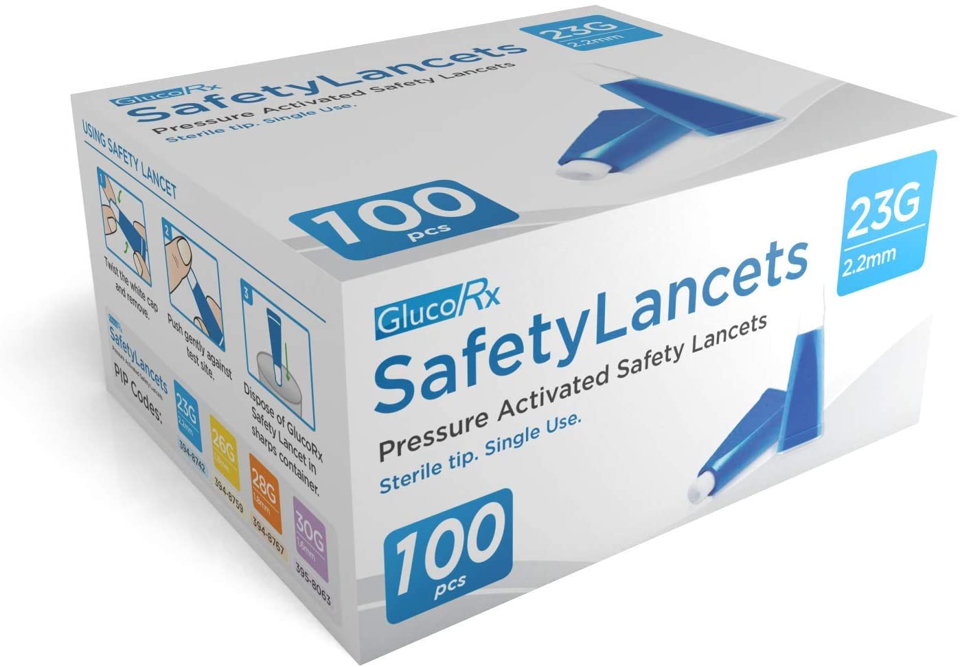GlucoRx 23 g/2.2 mm Safety Lancets, Total 100 (Eligible for VAT relief in the UK)