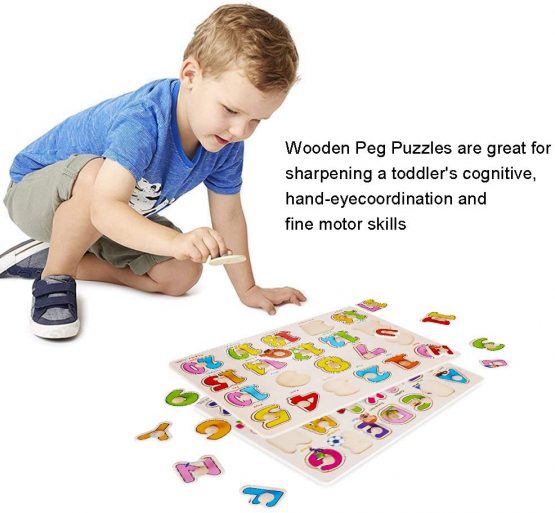 DesignerBox Set of 3 Toddler Puzzles Wooden Peg Puzzles for Toddlers Kids - Numbers, Alphabet and Objects Sorter Sorting Puzzle Educational Knob Puzzles Playset Toy (Style 2) - Image 2