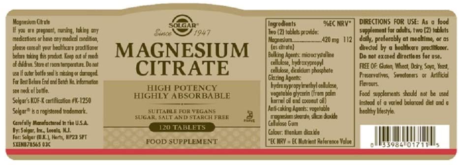 Solgar Magnesium Citrate Tablets, Supports The Nervous System, Energy Release, Reduces Tiredness and Fatigue, Vegan, Brown, 120 Count - Image 2