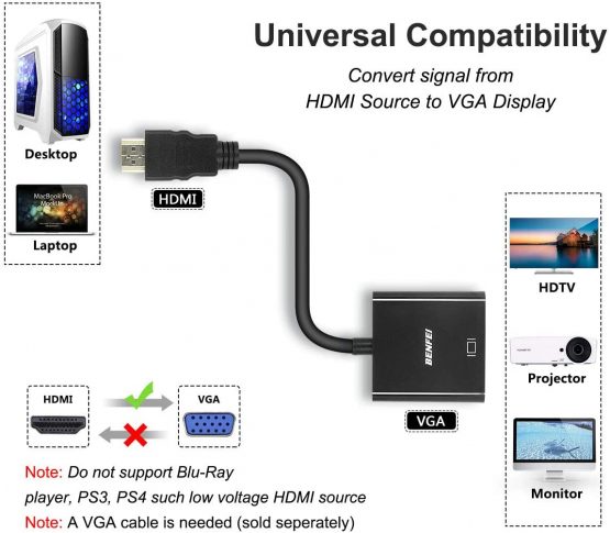 HDMI to VGA, Benfei Gold-Plated HDMI to VGA Adapter (Male to Female) for Computer, Desktop, Laptop, PC, Monitor, Projector, HDTV, Chromebook, Raspberry Pi, Roku, Xbox and More - Black - Image 3
