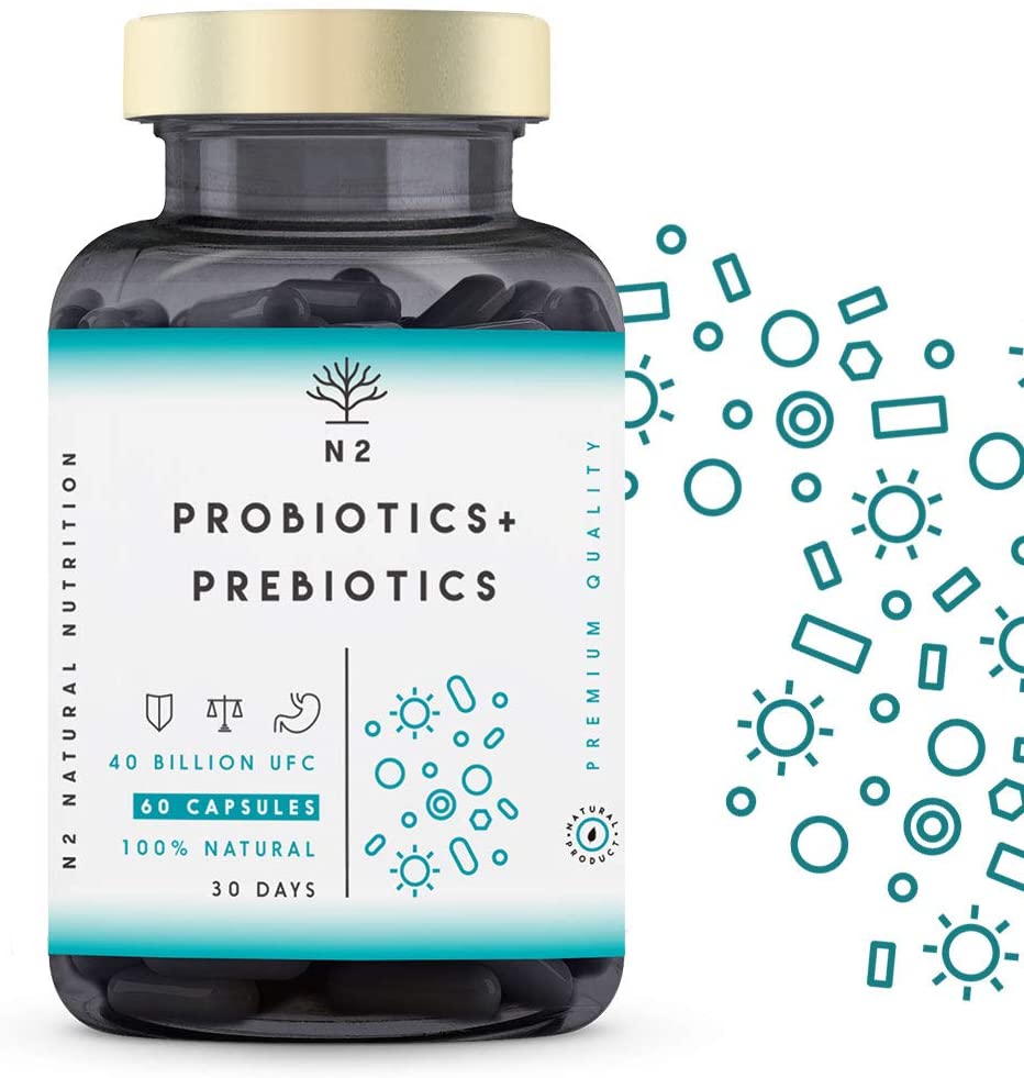 Probiotics and Prebiotics Supplement 40 Billion CFU. 6 Probiotic Strains, 60 Vegan Chlorophyll Capsules. N2 Natural Nutrition