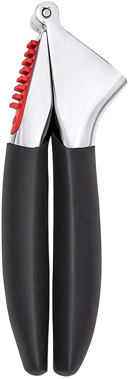 OXO Good Grips Garlic Press with Built-In Cleaner, Large Capacity Chamber, Heavy-Duty Zinc Construction, Dishwasher Safe