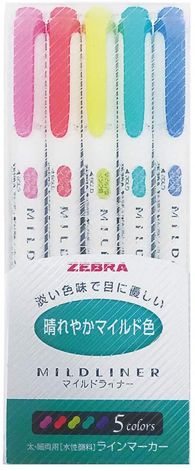 Zebra Highlighter Mildliner, 5 Bright Color Set (WKT7-5C-HC), 5 count (Pack of 1)