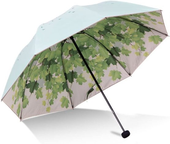 Green Tree Leaf Folding Travel Sun Umbrella Sunblock UV Protection UPF 50+ Rain Resistant Compact Size Parasol Fold into Purse (Green)