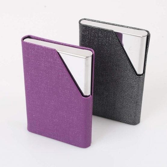 homEdge Business Card Holder, Slim Professional 2 Packs PU Leather+Stainless Steel Business Card Case for Traveling and Business-Gray and Purple - Image 2