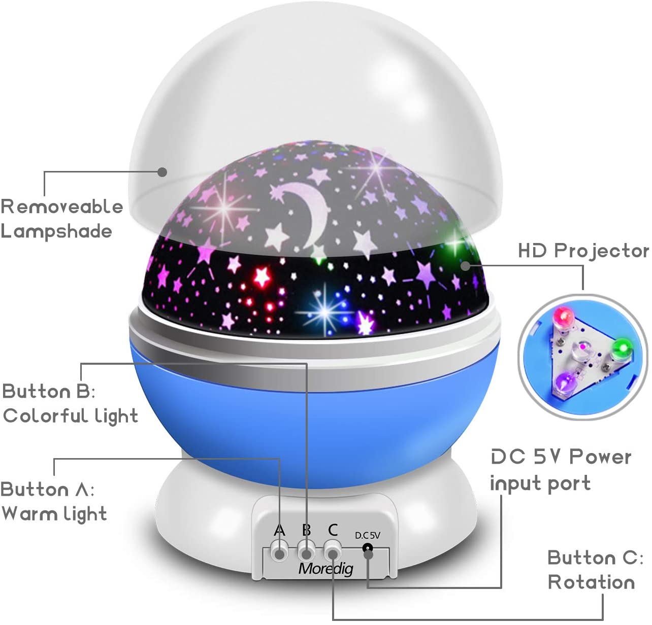 Moredig Baby Star Projector, 360° Rotation Night Light Projector for