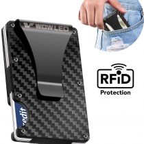 WOWLED Minimalist Men's Wallet, Slim Carbon Fiber Credit Card Holder RFID Blocking Metal Wallets Money Clip Card Protector