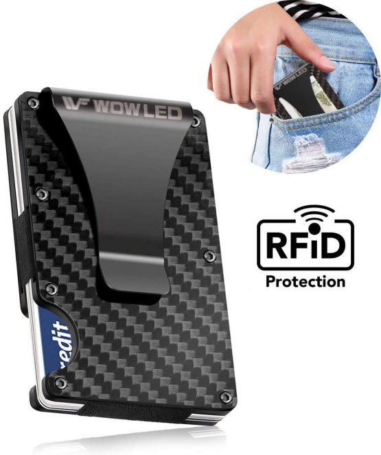 WOWLED Minimalist Men's Wallet, Slim Carbon Fiber Credit Card Holder RFID Blocking Metal Wallets Money Clip Card Protector