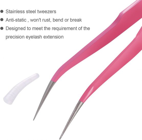 2 Pieces Straight and Curved Tip Tweezers Nipper for Eyelash Extensions, Pink Stainless Steel False Lash Application Tools - Image 4