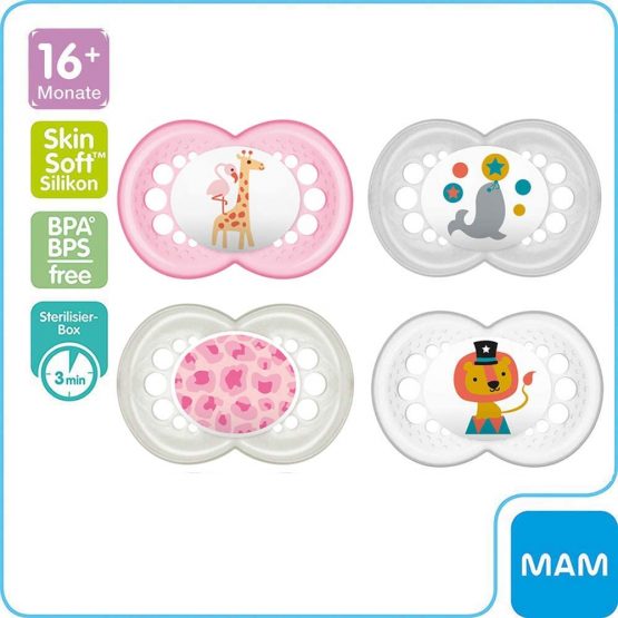 MAM Original Silicone Dummis 16 + months SkinSoft Silicone, 4 pieces - value pack for girls, 2 travel boxes - Image 2