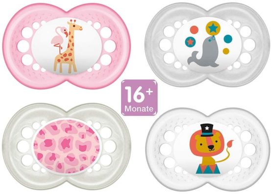 MAM Original Silicone Dummis 16 + months SkinSoft Silicone, 4 pieces - value pack for girls, 2 travel boxes
