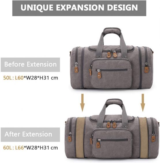 Plambag by Gonex Expandable Canvas Duffle Bag for Men, 50L - 60L Large Holdalls for Men with Multi-Pockets, Overnight Weekend Bag, Unisex Travel Duffle, Weekender Bag for Men and Women Gym Bag (Grey) - Image 3