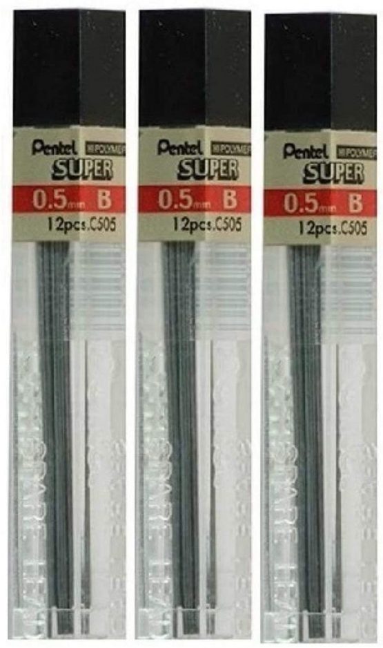 Pentel 0.5mm Size B Shade Hardness Pencil Refill Replacement Spare Leads Hi Pollymer Super For Automatic & Mechanical Pencils (Pack Of 3 Tubes - 36 Pieces)