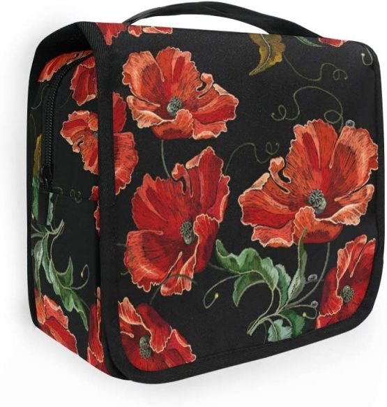 Moyyo Beautiful Red Poppies Flowers Toiletry Bag Travel Wash Bag Organised Toiletry Bag Hanging Toiletry Bag Gym Camping Toiletry Bag Portable Cosmetic Organiser Bag for Women Girls Kids
