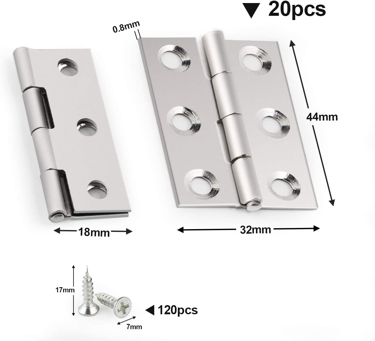 Anstore 1.73‘’ Butt Hinges 20pcs 44mm Folding Door Hinges Silver Stainless Steel Ball Bearing Hinges Thickened Internal Door Hinges with 120pcs Screws,for Home Door,Window,Storage Box Repair - Image 3