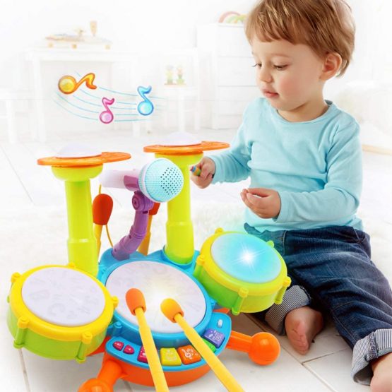 deAO Beginners Musical Table Top Drum Kit Play Set with Drum Sticks, Microphone, Light Features, Interactive Music and Sounds for Babies Kids and Toddlers - Image 3