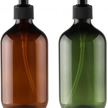 Alledomain 2PCS 500ml/17oz Empty Refillable Plastic Lotion Pump Bottles, Shampoo Body Washing Cream Shower Gel Storage Holder Container Toiletries Liquid Dispenser (Brown & Green)