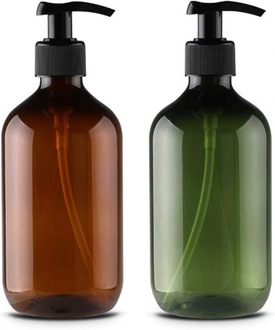 Alledomain 2PCS 500ml/17oz Empty Refillable Plastic Lotion Pump Bottles, Shampoo Body Washing Cream Shower Gel Storage Holder Container Toiletries Liquid Dispenser (Brown & Green)