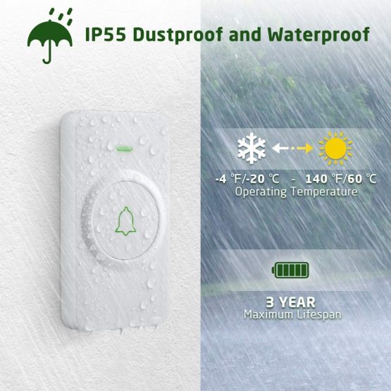 Wireless Doorbell, AVANTEK 1000 Feet/300 M Long Range Door Bells with 2 Receivers, Mini IP55 Waterproof, LED Flash, 5 Levels Volume, 52 Melodies, LED Flash, CW-12 - Image 3