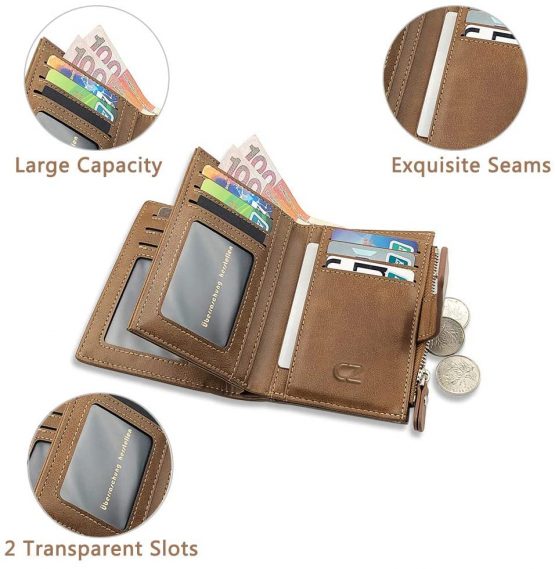 Men's Wallet, Genuine Leather RFID Blocking Wallet Mens, Credit Card Holder Bifold Wallet with Zip Coin Pocket for Men, with Gift Box, Khaki - Image 2