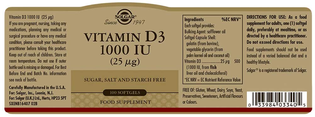 Solgar, Vitamin D3 Softgels (Cholecalciferol) 1000 IU, 100, 100 count (Pack of 1) - Image 2