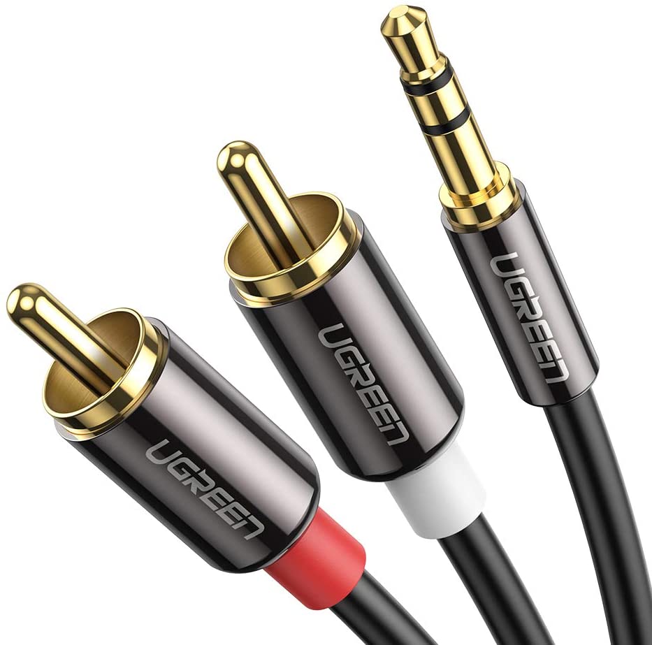 UGREEN RCA to 3.5mm Cable Phono Mini Jack Stereo Lead Gold-plated Red and White Aux Headphone Cord RCA Audio Y Splitter Compatible with Hi-Fi Amplifier Speaker DJ Controller Turntable TV Car Phone(2M)