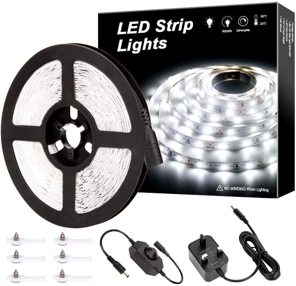 MH 5M Dimmable LED Strip Lights Kits, 12V Tape Light, 300 2835 LED, 16.4ft 6000K Daylight White Ribbon with Power Adapter