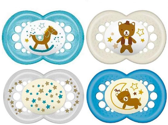 MAM SkinSoft Silicone Unisex Soothers 16 + months Day & Night , 4 pieces, 2 travel boxes