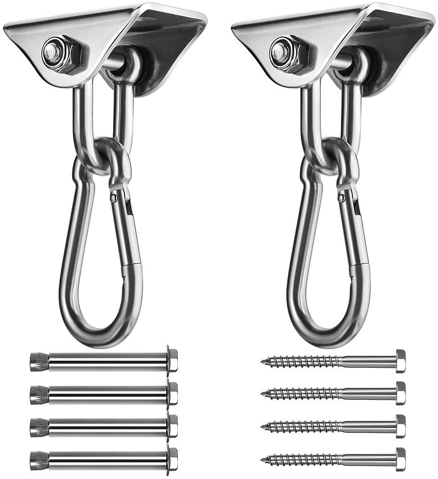 Awroutdoor Swing Hangers Hooks,Set of 2 Stainless Steel 180°Swivel Hammock Hooks with Locking Carabiner,1000LB Capacity for Concrete Wooden Sets Playground Porch Indoor Outdoor Seat Trapeze Yoga