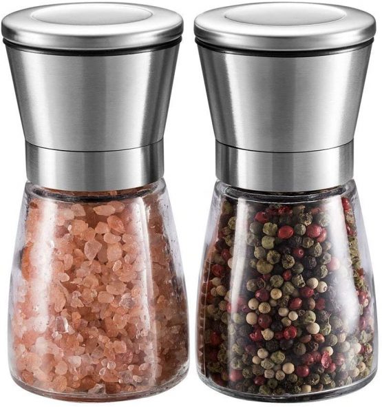WINSHEA Salt and Pepper Grinder Set – Premium Stainless Steel Salt & Pepper Mill with Glass Body and Adjustable Coarseness, Brushed Stainless Steel Salt and Pepper Shakers